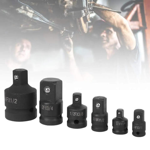 Premium 6 Pc Impact Socket Converter Reducer Adapter Kit With Bolt Hole Locking Design Fits 1/4 3/8 1/2 And 3/4 Inch Drive For Heavy Duty Auto Repair Jobs And Pneumatic Tool Use, chrome moly steel adapters shown