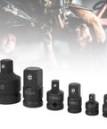 Rugged 6 Piece Impact Socket Adapter Kit With Hard Cr Mo Steel Sleeves For 1/2 And 1/4 Inch Drives displayed with six adapters