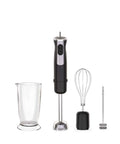 Real Deal 1000 Watt Handheld Immersion Blender With Stainless Steel Shaft And Dual Speed Settings includes beaker and whisk.