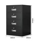 Lockable 4 Drawer Metal Filing Cabinet With Adjustable Shelves For Home Office Storage, dimensions shown, front angled view.