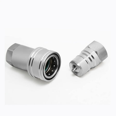 Front view of metal hydraulic quick-disconnect coupling, 3/8 in NPT, ISO 7241-A two-piece connectors.