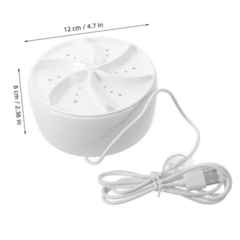 Compact Travel Mini Ultrasonic Turbo Washer With Ultra Quiet Tech Fits Snugly In Suitcases For Dorms And Road Trips close-up with dimensions 12 cm and 6 cm.