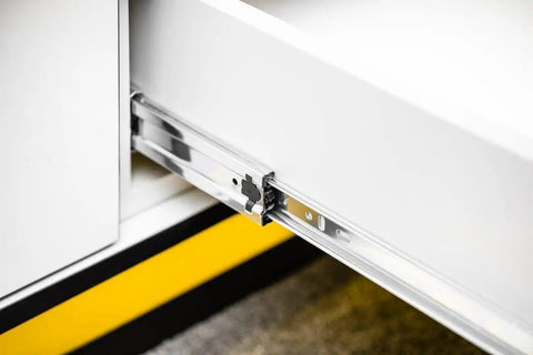 Drawer Runners H45 Versalite Plus Ball Guide With Damping Soft Close For Full Extension Drawers 400 To 600 mm High 40 Kg Load Capacity No Fuss Quick Install Smooth Operation And Long Lasting Rails on white drawer side