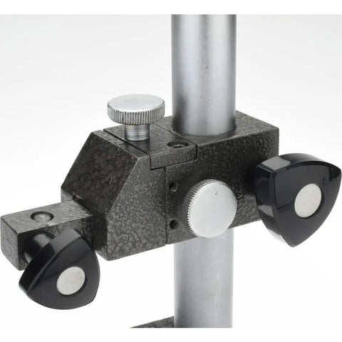Dial Gauge Comparator Stand With Cast Iron Base And Eight Inch Column Round Anvil Fine Adjustment 180 Degree Travel With Lock Fits Lug Back Three Eighth Inch And Eight Millimeter Shank Indicators Pro Grade Shop Floor Tool, close-up