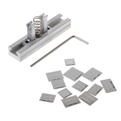 Heavy Duty Universal BGA Reballing Stencil Kit With Solid Metal Holders And Zero Sweat Solder Masks Perfect For DDR1 DDR2 DDR3 Chip Fixes Straight On Your Workbench, includes metal holder and steel stencils.