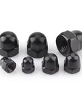 Size M6 Black Acorn Cap Nuts Set Of 20 Stainless Steel 18 8 304 With Electroplated Black Finish displayed on a white background.