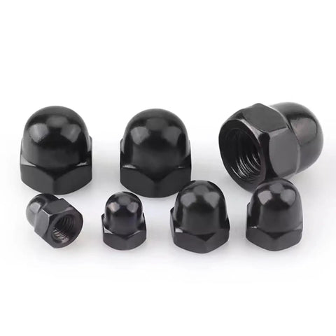 Size M6 Black Acorn Cap Nuts Set Of 20 Stainless Steel 18 8 304 With Electroplated Black Finish displayed on a white background.