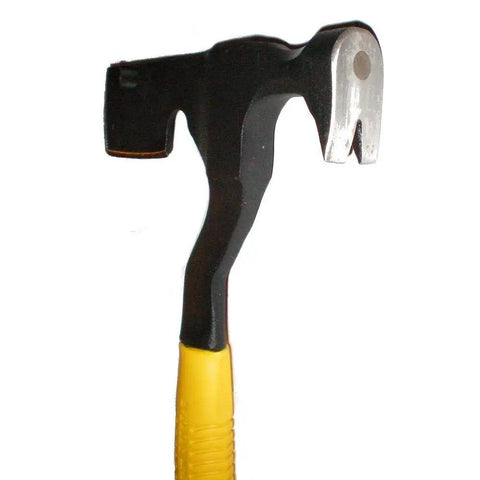 Heavy Duty Magnetic Roofing Hatchet Hammer With Killer Magnet And Rock Solid All Steel Build Perfect For Pros Slapping Shingles And Yanking Nails With Ease close-up of the claw head and handle