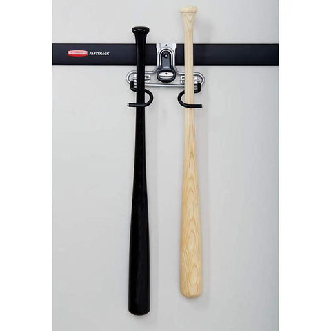 FastTrack Wall Double S Hook Garage Organizer Set, 2 Pack For Hand Tools holding two baseball bats on wall rail