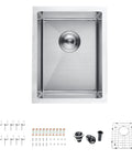 Stainless Steel Single Bowl Bar Sink For Small Kitchen Spaces, Undermount Prep Sink With Strainer, 14 x 18 x 8.5 Inches