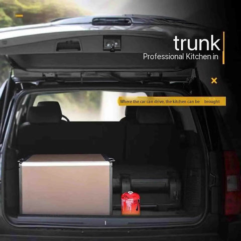 Open trunk showing compact Outdoor Mobile Kitchen For Camping And RV Trips Portable Stove And Cooking Station Quick Setup In Minutes
