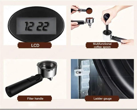 LCD timer, multifunctional coffee spoon, filter handle, and ladder gauge for American And Italian Style Two Flavor Espresso Machine With Dual Pumps And Dual Boilers For Cappuccino Latte Macchiato Mocha Milk Froth Maker 20 Bar High Pressure For A Boss Level Home Cafe Brew