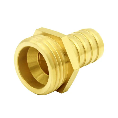 Brass Garden Hose Adapters Bundle, 2 Pack, 3/4 Inch Barb To 3/4 Inch GHT Male Threads connector, close-up view