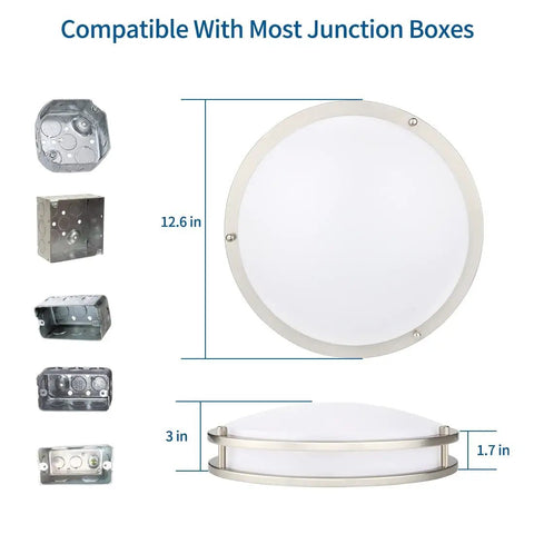 Diagram showing Two Pack 10 Inch LED Flush Mount Ceiling Lights That Brighten Your Space 15W Dimmable Color Temperature compatibility with junction boxes