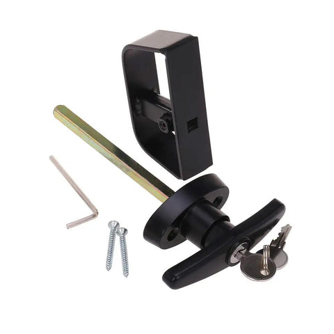 Heavy Duty Shed Door Hardware Kit With 6.5 Inch T Handle Lock Black Powder Coat 6 Anti Sag Hinges 2 Barrel Bolts For Outdoor Sheds Barns And Wooden Fence Gates Built Tough For Lasting Security And Easy Use, keyed T-handle lock with screws