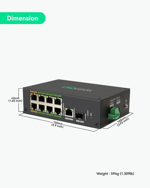 8 Port PoE and EOC Hybrid Switch With 4 EOC Transmitters, dimensions 150mm x 140mm x 42mm, front view showing ports