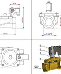 Technical drawing of One And A Half Inch NPT Solenoid Valve 24V DC Brass Normally Closed Control Valve for water, air, and gas.
