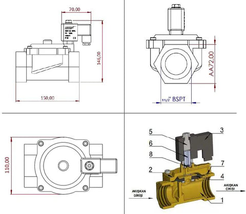 Technical drawing of One And A Half Inch NPT Solenoid Valve 24V DC Brass Normally Closed Control Valve for water, air, and gas.