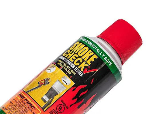 Pro Grade Smoke Check Spray For Photoelectric And Ionization Detectors, Solid 3 Case Pack Crammed With Twelve Cans Each, Quick And Easy Sensor Testing For Code Compliance And Total Peace Of Mind, can detail showcasing nozzle and label.