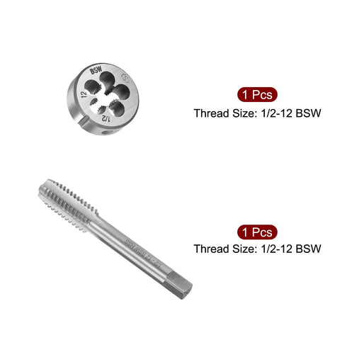 One Half Inch 12 BSW Tap And Die Set Right Hand Thread Round Die 4 Flutes HSS Taper Pro Grade Heavy Duty Silver Tone Two Piece Kit For Thread Repair And Cutting In Metalworking