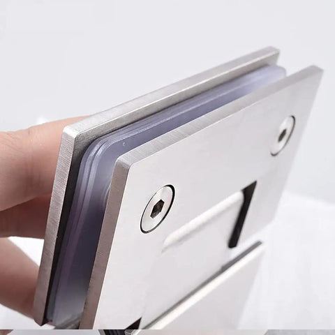 Close-up of a Stainless Steel Pivot Hinge Set for Glass Shower Doors 201 Grade Glass Clamps and Clips Bathroom Hardware