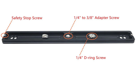 Universal 300mm Lengthened Quick Release Plate Slide Rail With D Ring Screw For Tripod Ball Head DSLR Camera, labeled screws shown