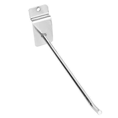 Single 15cm wall panel hook from set of 25, heavy duty chrome slat wall hooks for shop displays, welded construction shown.
