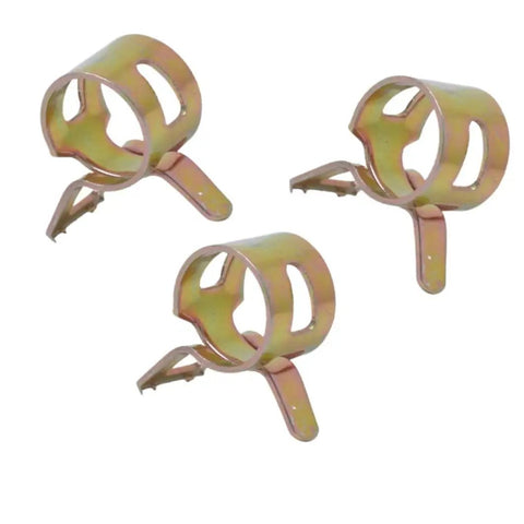 Three gold heavy duty fuel line clamp kits for 1/4 inch and 3/16 inch fuel lines, durable hose clamps for secure fit on small engines