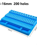 Pro Grade Drill Bit And End Mill Storage Box Organizer with 200 holes for 4 to 16 mm tools, blue plastic holder, dimensions shown