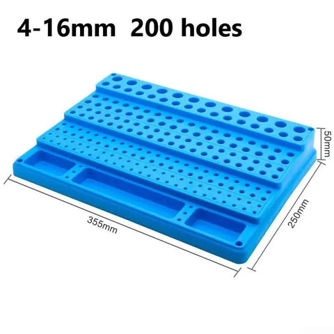 Pro Grade Drill Bit And End Mill Storage Box Organizer with 200 holes for 4 to 16 mm tools, blue plastic holder, dimensions shown