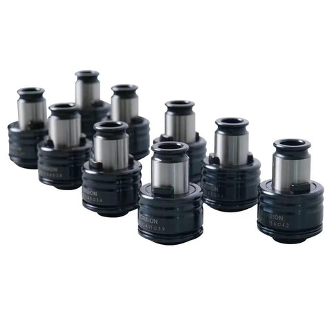 Versatile ANSI Tapping Collets Set For M16 Electric Tapping Machine With Nine Adapters shown in various sizes and angles