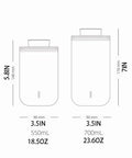 Top Notch Slick Large Glass Kitchen Jars Set Of Four Aluminum Lids dimensions illustration, 5.8 and 7 inches tall with 3.5 inch diameter.