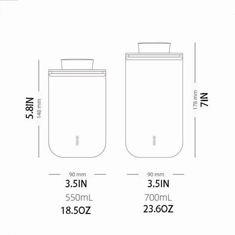 Top Notch Slick Large Glass Kitchen Jars Set Of Four Aluminum Lids dimensions illustration, 5.8 and 7 inches tall with 3.5 inch diameter.