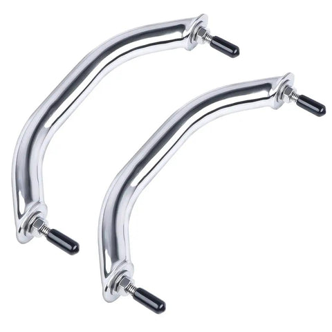 Two Pack Beefy Marine Stainless Boat Grab Handle, Heavy Duty Round Tube Handrail With Flange And Stud, Mirror Polished Finish, Anti Corrosion, 8-1/4 Inch Long, shown in pair with polished finish and flange base