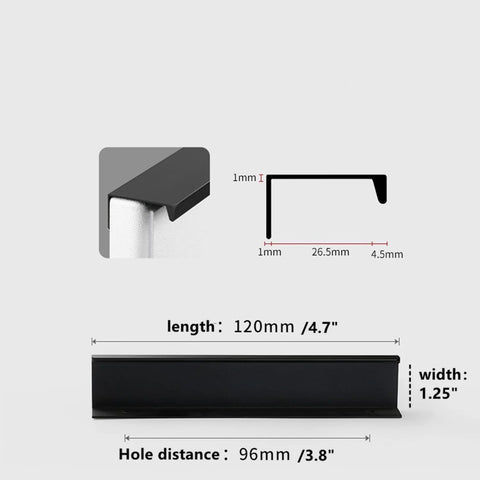 Dimensions and design of Black Hidden Edge Cabinet Handles 10 Pack for Drawers and Cabinets With Finger Edge Pulls in Space Aluminum