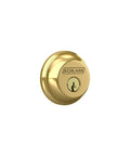 Keyed Single Cylinder Grade One Deadbolt In Bright Brass Finish With Adjustable Backset From Two And Three Eighths To Two And Three Quarters Inches Round Corner Strike One And One Eighth By Two And Three Quarters Inches Snap And Stay Hands Free Install