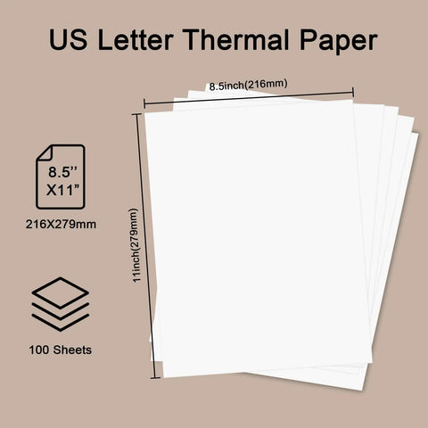 Bulk Pack 100 Sheets 8.5x11 US Letter Thermal Printer Paper For On The Go Portable Printers shown with dimensions and features