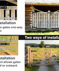 Installation options for Heavy Duty Gate Hinges 13 Inch Load Bearing 900 Lbs with 180-degree open for wooden and metal gates.