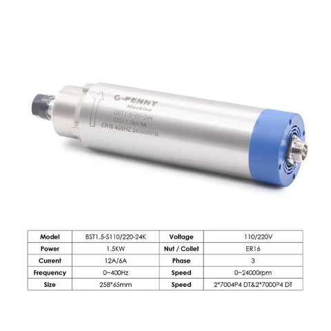 Powerful 1.5KW ER16 D65 110V Air Cooled Spindle Motor Kit with stainless steel body and blue end cap