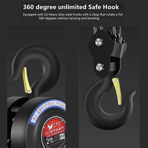 Manual Chain Hoist 1 Ton Capacity With 10 Ft Lift And 2 Hooks close-up view showing 360° rotating hooks and security latch