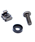 100 Pack M6 X 16mm Rack Mount Square Cage Nuts Screws With Black Washers Heavy Duty Mounting Kit For Server Audio Network Rig And Cabinet Setup Fast Secure Grip showing a steel screw, cage nut, and black washer.