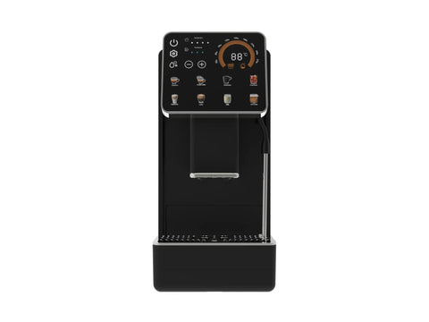 Supercharge Your Daily Grind With This Kickin Fully Automatic Espresso Machine Packed With A Built In Grinder One Touch Brewing And An Auto Milk Frother For Legit Cafe Level Shots Every Single Morning. Front view of sleek black espresso machine with digital display.