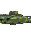 Side view of the Green Camouflage 40MHz RC Submarine With Electric Propulsion, Easy Submersion, Float And Navigate, 3 Meter Range.