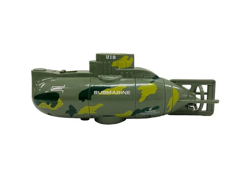 Side view of the Green Camouflage 40MHz RC Submarine With Electric Propulsion, Easy Submersion, Float And Navigate, 3 Meter Range.