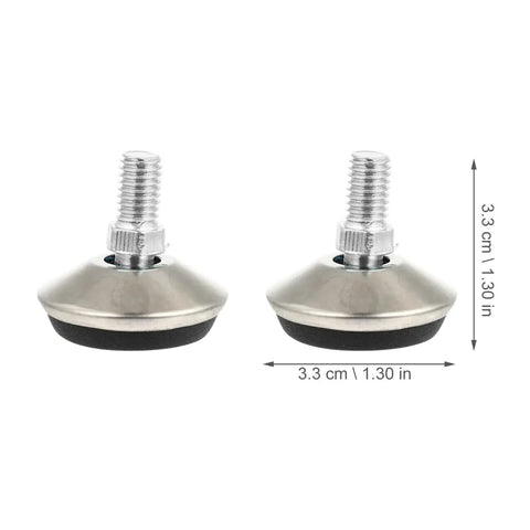 Heavy Duty Adjustable Swivel Leveling Feet For Furniture With Thick Anti Scratch Bumpers and Rock Solid Grip No Hassle Setup, silver metal body with rubber caps.