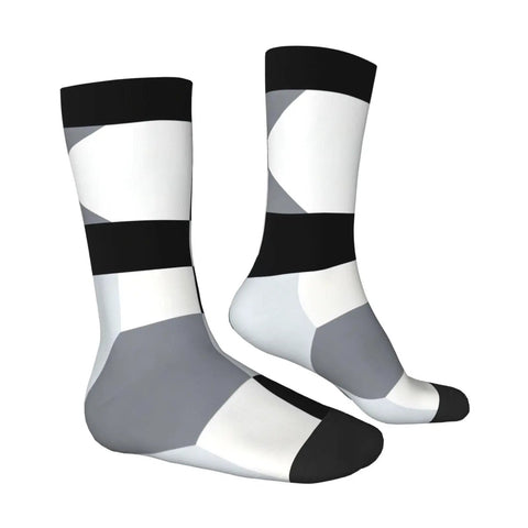 Upgrade Your Fit With Black And White Piano Grid Print Socks For Men And Women Moisture Wicking Polyester Crew Socks showcasing a geometric design.