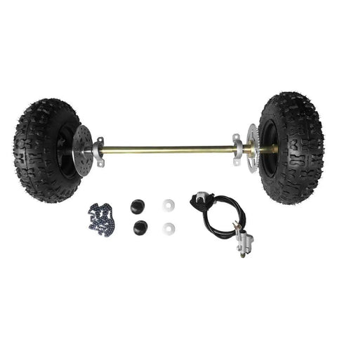 Rear Axle Assembly Kit For Ready To Roll Go Karts 740mm With 29 Inch Wheels Hub Rim Tire Brake Disc Caliper Master Cylinder T8F Chain Sprocket DIY Quad Trike Drift Bike, showing wheels, axle, brakes, and chain.