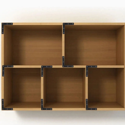 Wooden shelving unit with 30-Piece Black L-Shaped Corner Brackets Set For Furniture And Diy Projects, Heavy Duty Flat Metal Plates Made From Cold Rolled Steel.