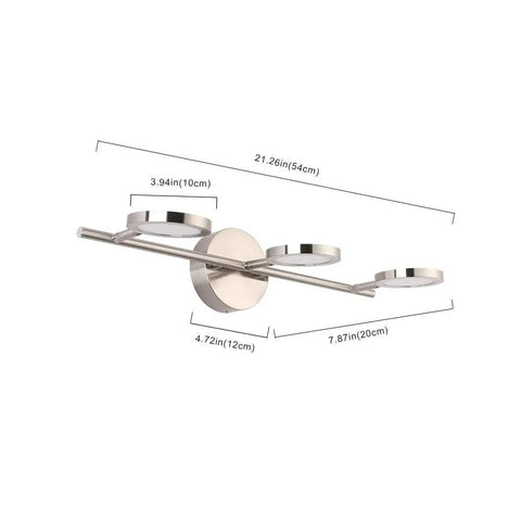 Modern LED Vanity Light Fixture In Nickel Finish With 3 Light Swing Arm Wall Sconces, dimensions marked, front view.