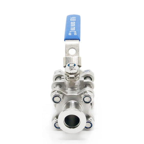Front view of QiiMii KF-16 vacuum ball valve clamp, stainless steel 304 with blue locking lever